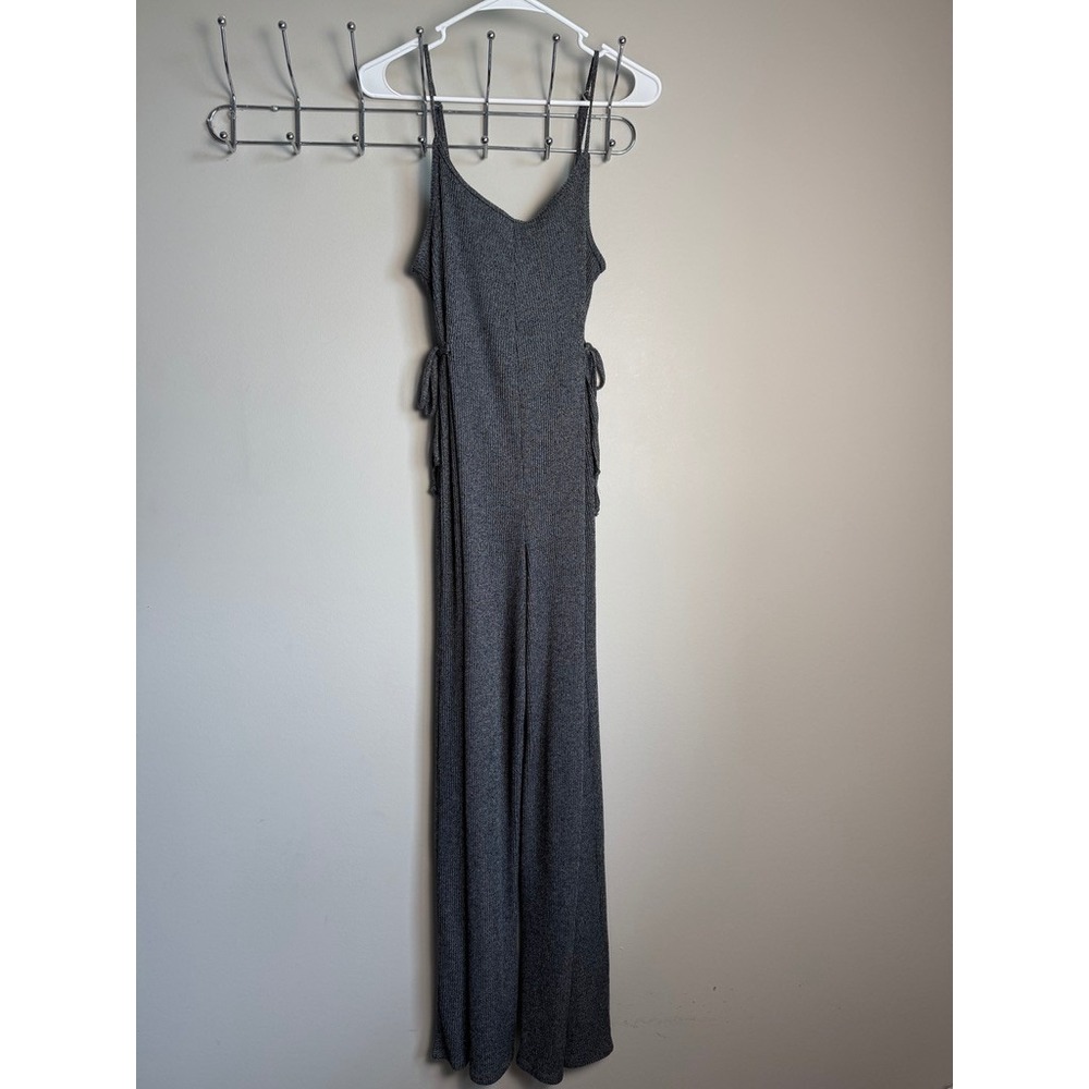 Gilly Hicks Ribbed Knit Sleeveless Jumpsuit Gray Wide Leg Minimalist Loungewear